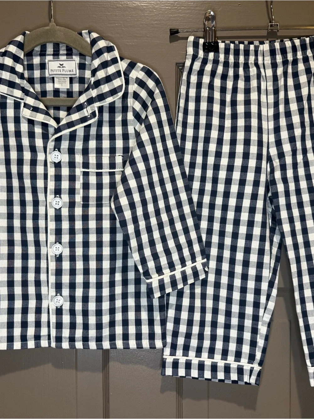 Petite Plume Kid’s Twill Pajama Set in Navy Gingham 3T